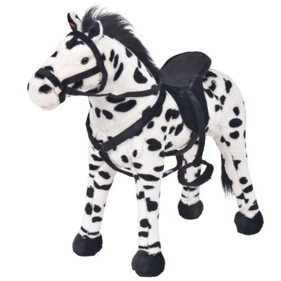 Cal de jucărie din pluș XXL, alb și negru