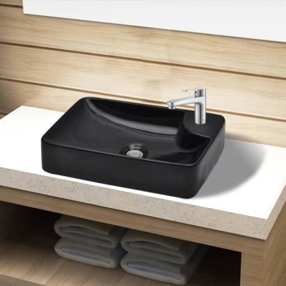Chiuvetă de baie din ceramică cu gaură pentru robinet, negru GartenMobel Dekor