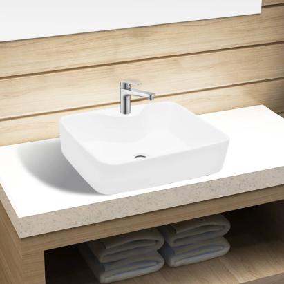 Chiuvetă de baie pătrată din ceramică cu gaură pentru robinet, alb  GartenMobel Dekor