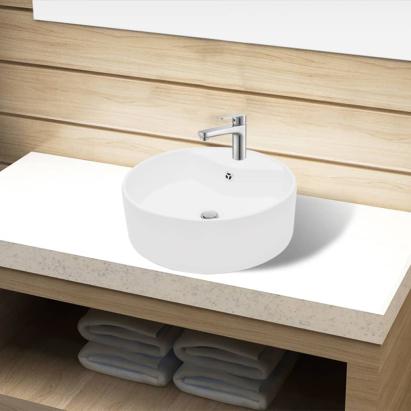 Chiuvetă de baie din ceramică, orificiu robinet/preaplin, rotund, alb GartenMobel Dekor