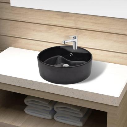Bazin chiuvetă ceramică baie cu gaură robinet/preaplin, rotund, negru GartenMobel Dekor