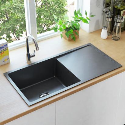 Chiuvetă de bucătărie lucrată manual, negru, oțel inoxidabil GartenMobel Dekor