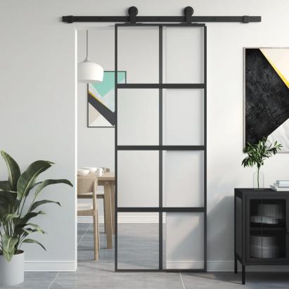 Ușă glisantă, negru, 76x205 cm, sticlă securizată și aluminiu GartenMobel Dekor