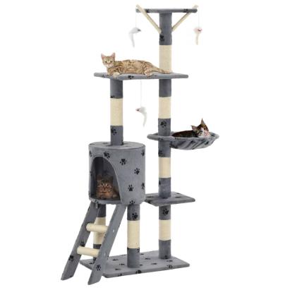 Ansamblu pisici stâlpi funie sisal, 138 cm imprimeu lăbuțe, gri GartenMobel Dekor