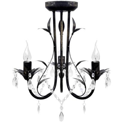 Candelabru metal negru stil Art Nouveau, mărgele cristal, 3xbecuri E14 GartenMobel Dekor