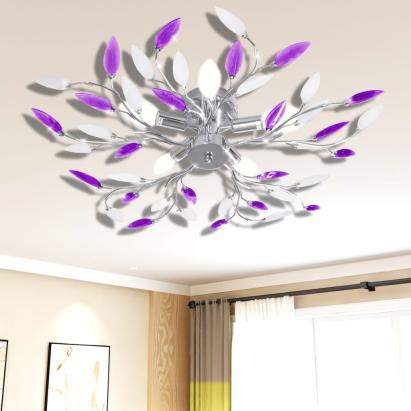 Plafoniera violet/albă brațe frunze cristal acrilic 5 becuri E14 GartenMobel Dekor