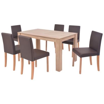 Masă și scaune 7 piese, piele artificială, stejar, maro GartenMobel Dekor