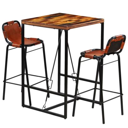 Set bar, 3 piese, lemn masiv reciclat & piele naturală de capră GartenMobel Dekor