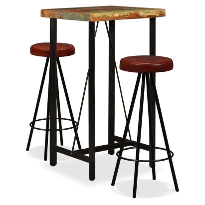 Set mobilier bar, 3 piese lemn masiv reciclat și piele naturală GartenMobel Dekor