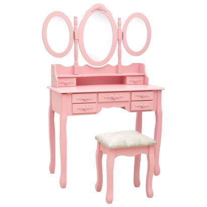 Masă de toaletă cu taburet și triptic oglinzi, roz GartenMobel Dekor