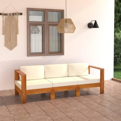 Canapea grădină cu 3 locuri, perne alb/crem, lemn masiv acacia GartenMobel Dekor