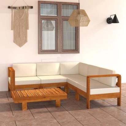 Set mobilier grădină perne alb/crem, 6 piese, lemn masiv acacia GartenMobel Dekor