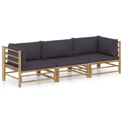 Set mobilier de grădină, perne gri închis, 3 piese, bambus GartenMobel Dekor