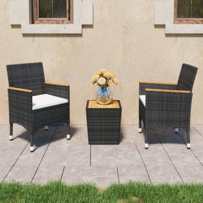 Set mobilier bistro, 3 piese, negru, poliratan/lemn de acacia GartenMobel Dekor