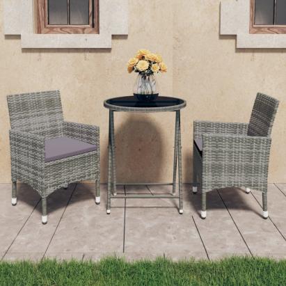 Set mobilier bistro grădină, 3 piese, gri, poliratan și sticlă GartenMobel Dekor