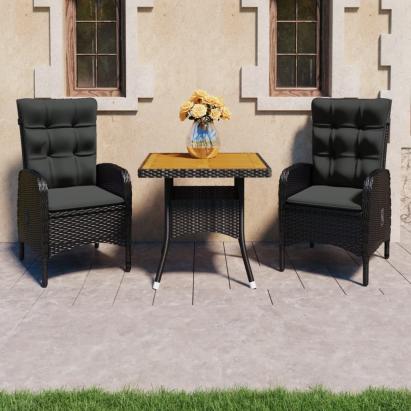 Set mobilier grădină, 3 piese, negru, poliratan și lemn acacia GartenMobel Dekor
