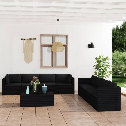 Set mobilier de grădină cu perne, 9 piese, negru, poliratan GartenMobel Dekor
