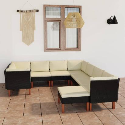 Set mobilier de grădină cu perne, 9 piese, negru, poliratan GartenMobel Dekor