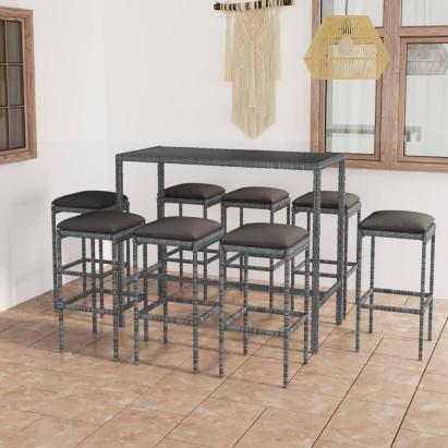 Set mobilier bar de grădină cu perne, 9 piese, gri, poliratan GartenMobel Dekor
