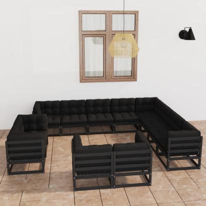 Set mobilier grădină cu perne, 12 piese, negru, lemn masiv pin GartenMobel Dekor