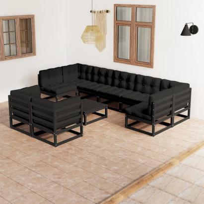 Set mobilier grădină cu perne, 10 piese, negru, lemn masiv pin GartenMobel Dekor