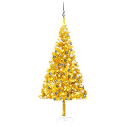 Brad Crăciun pre-iluminat cu set globuri, auriu, 180 cm, PET GartenMobel Dekor