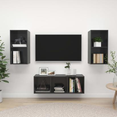 Set dulap TV, 3 piese, gri extralucios, lemn prelucrat GartenMobel Dekor