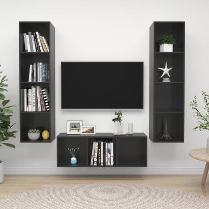 Set de dulapuri TV, 3 piese, gri extralucios, lemn prelucrat GartenMobel Dekor