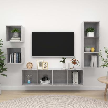 Set de dulapuri TV, 4 piese, gri beton, lemn prelucrat GartenMobel Dekor