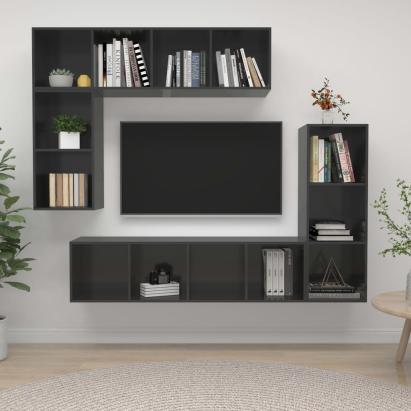 Set de dulapuri TV, 4 piese, gri extralucios, lemn prelucrat GartenMobel Dekor
