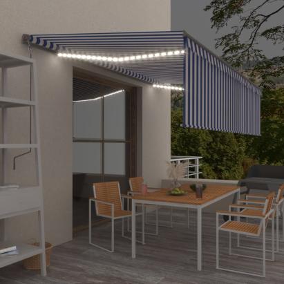 Copertină retractabilă manual cu stor&LED,albastru&alb, 5x3 m GartenMobel Dekor