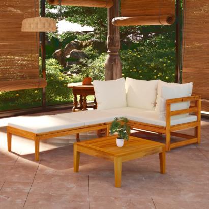 Set mobilier grădină perne alb/crem, 3 piese, lemn masiv acacia GartenMobel Dekor