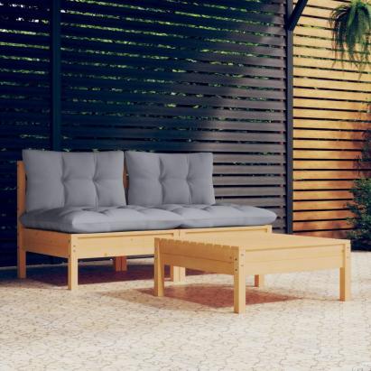 Set mobilier de grădină cu perne gri, 3 piese, lemn de pin GartenMobel Dekor
