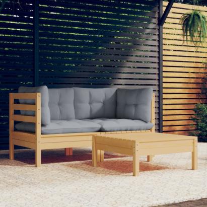 Set mobilier de grădină cu perne gri, 3 piese, lemn masiv pin GartenMobel Dekor