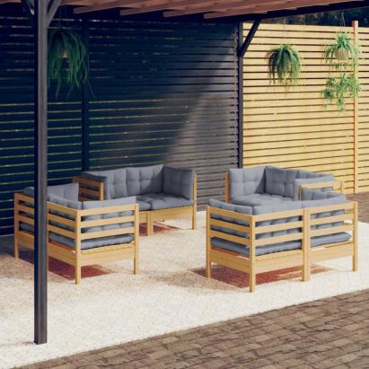 Set mobilier de grădină cu perne, 8 piese, gri, lemn de pin GartenMobel Dekor