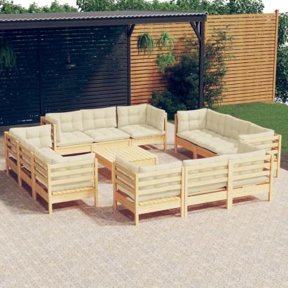 Set mobilier grădină cu perne, 13 piese, crem, lemn de pin GartenMobel Dekor