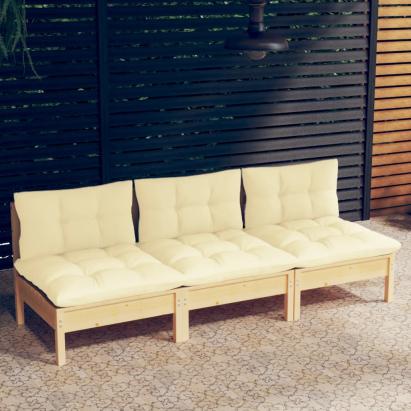 Canapea de grădină cu 3 locuri, cu perne crem, lemn masiv pin GartenMobel Dekor