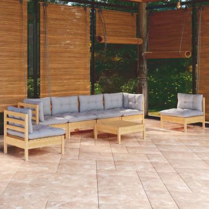 Set mobilier grădină cu perne gri, 7 piese, lemn masiv de pin GartenMobel Dekor