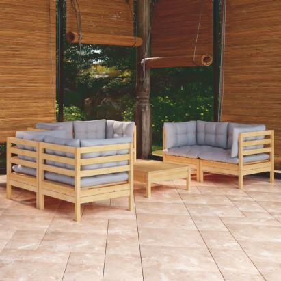 Set mobilier grădină cu perne gri, 7 piese, lemn masiv de pin GartenMobel Dekor