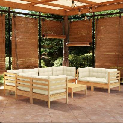 Set mobilier grădină cu perne crem, 9 piese, lemn masiv de pin GartenMobel Dekor