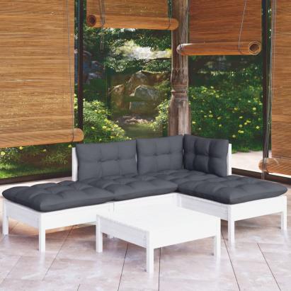 Set mobilier grădină cu perne, 5 piese, alb, lemn de pin GartenMobel Dekor