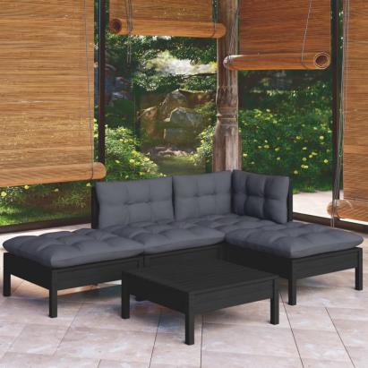 Set mobilier grădină cu perne, 5 piese, negru, lemn de pin GartenMobel Dekor