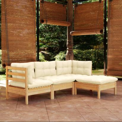Set mobilier grădină cu perne, 4 piese, crem, lemn de pin GartenMobel Dekor