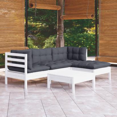 Set mobilier grădină cu perne, 5 piese, alb, lemn de pin GartenMobel Dekor