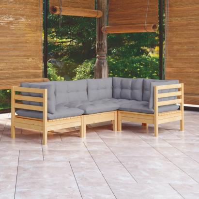 Set mobilier grădină cu perne, 4 piese, gri, lemn de pin GartenMobel Dekor