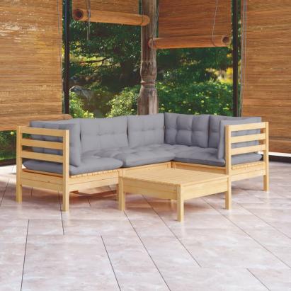 Set mobilier grădină cu perne gri, 5 piese, lemn masiv de pin GartenMobel Dekor