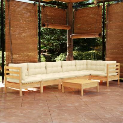 Set mobilier grădină cu perne crem, 7 piese, lemn de pin GartenMobel Dekor