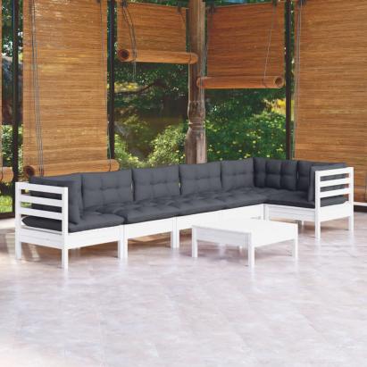 Set mobilier de grădină cu perne, 7 piese, alb, lemn de pin GartenMobel Dekor