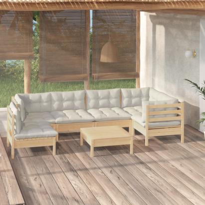Set mobilier grădină cu perne crem, 7 piese, lemn masiv pin GartenMobel Dekor