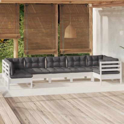 Set mobilier de grădină cu perne, 7 piese, alb, lemn de pin GartenMobel Dekor